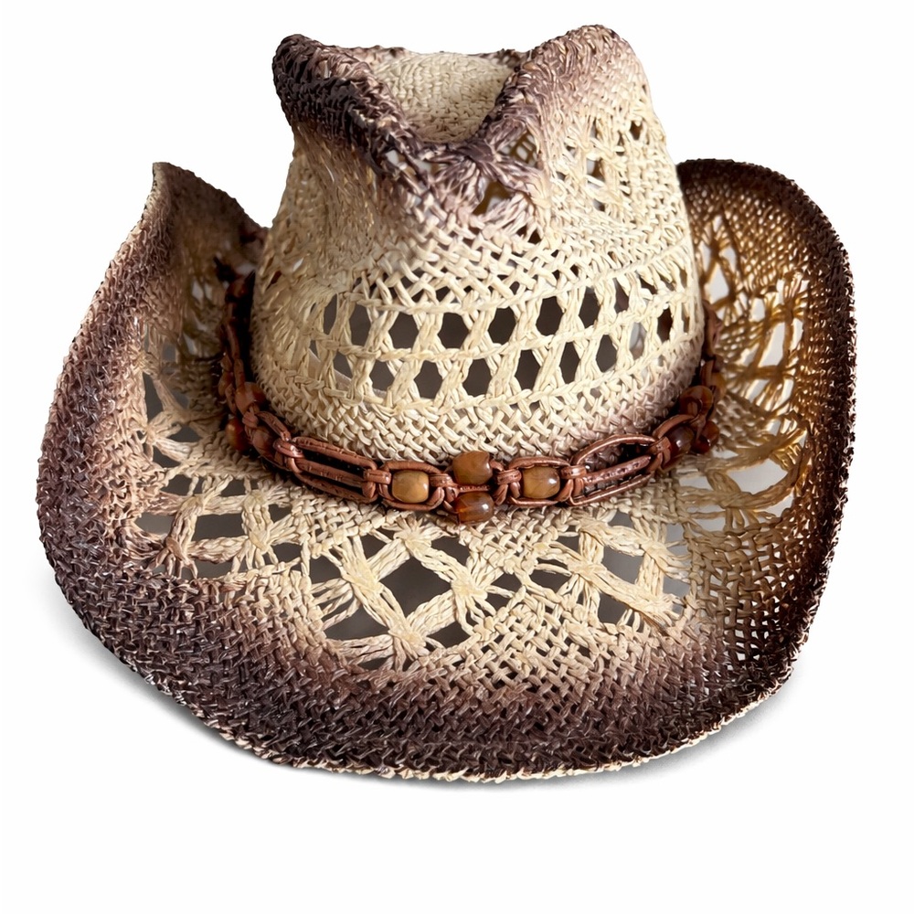 Unisex  Tan cowboy straw  Hat with Bead Accents NWOT - Picture 2 of 6